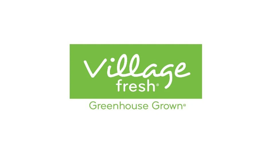 A green logo for Village Fresh Greenhouse Grown on a white background.