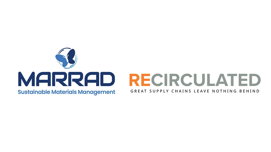 Two logos on a white background. On the left is a logo with blue text reading Marrad, and on the right is a logo with orange and gray text reading Recirculated.