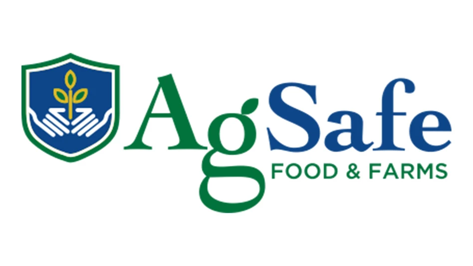 A logo with blue and green text on a white background reads AgSafe Food & Farms. To the left of the text is a graphic of a green and blue shield with two hands holding a yellow and green seedling.