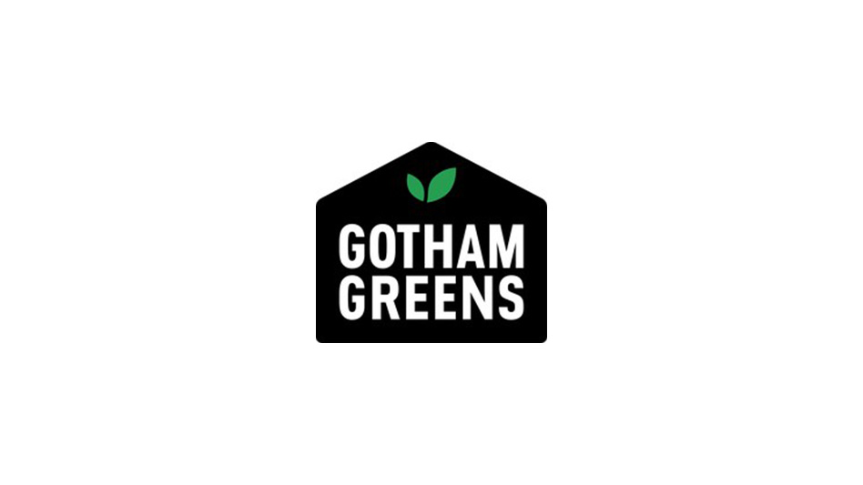 A logo on a white background, with white text reading Gotham Greens on a black graphic of a greenhouse and with two green leaves above the white text.