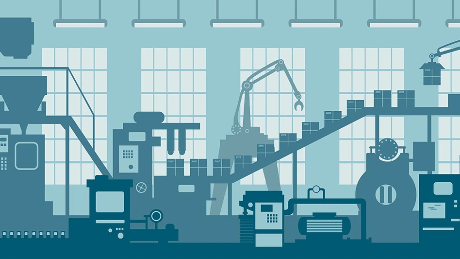 A factory with boxes moving down a belt.